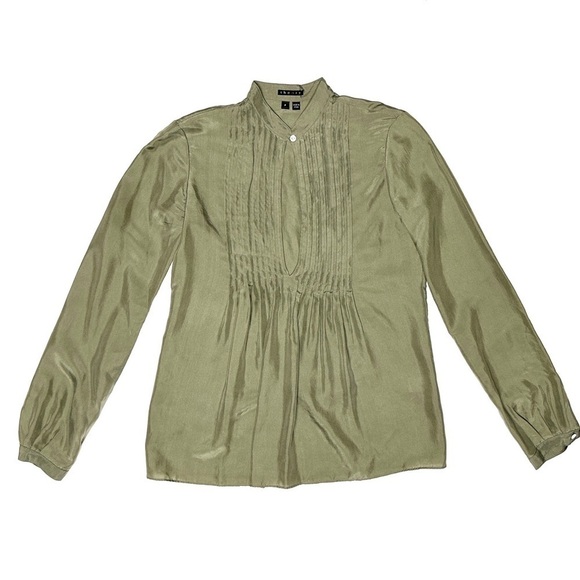 Theory Silk Bianca Pintuck Olive Green Pleated Blouse Peekaboo Top Size 0 - Picture 6 of 14